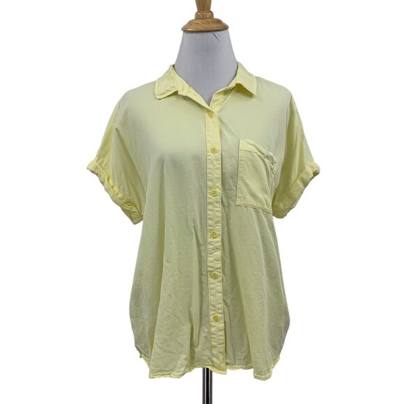 Ecothreads Shirt Women M Medium Yellow Button Up Pocket Short Sleeves Dropcut - Picture 1 of 13